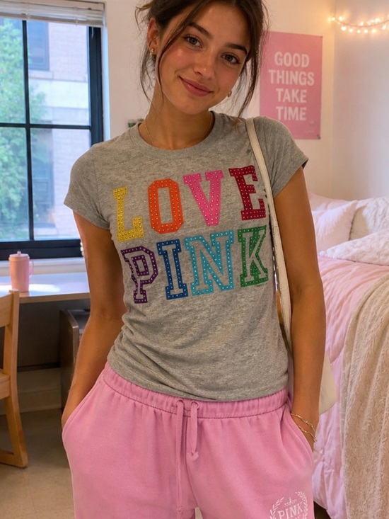 PINK Victoria's Secret Tops - PINK Victoria's Secret Gray Tee with Rainbow LOVE PINK Graphic